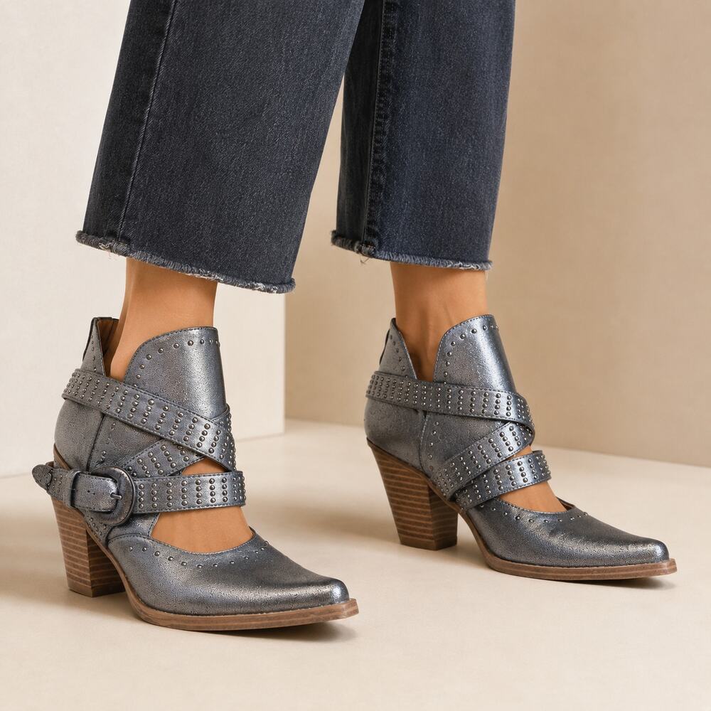 Not Rated Metallic Gunmetal Pointed Toe Cutout Buckle Zipper Western Heels 8M